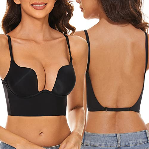 seagallery Womens Low Back Bra Wire Lifting Deep U Shaped Plunge Backless Bra with Convertible Clear Straps