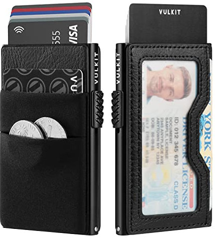 VULKIT Kreditkartenetui mit EDC-Fächern und Ausweisfenster, RFID-blockierende Pop Up Karten Geldbörse Schlanke Metall-Geldbörse