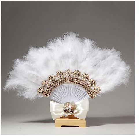 Yurosiay Weiß Federfächer Handfächer Feder Mit Gold Strass Schleifen Fächer Federn Elegant Braut Handfächer Hochzeit Tanzfächer Mit Federn Groß Federfächer für Hochzeit Gatsby Party