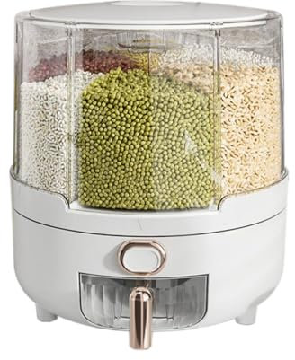 BURLOE Reisspender 6 Gitter, 360° Drehbar Aufbewahren Getreide Küche Getreidespender Reisvorratsbehälter Müslispender Mit Luftdichtem Deckel,Large