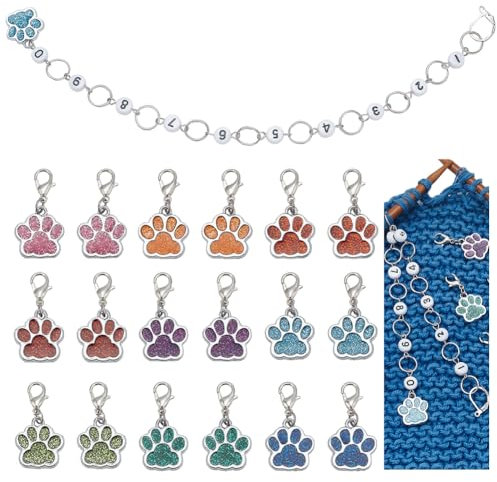 NBEADS 1 Pcs Dog Paw Knitting Row Counter Chains and 18 Pcs Dog Paw Stitch Markers, Alloy Enamel Stitch Marker for Knitting Weaving Sewing Jewelry Making Crochet Tracking