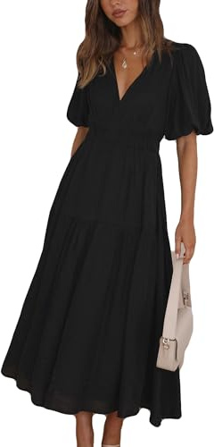 MessBebe Women's Summer Maxi Dress Puffy Sleeve V Neck Boho Party Beach Tiered Ruffle Flowy Long Smocked Dresses M Black