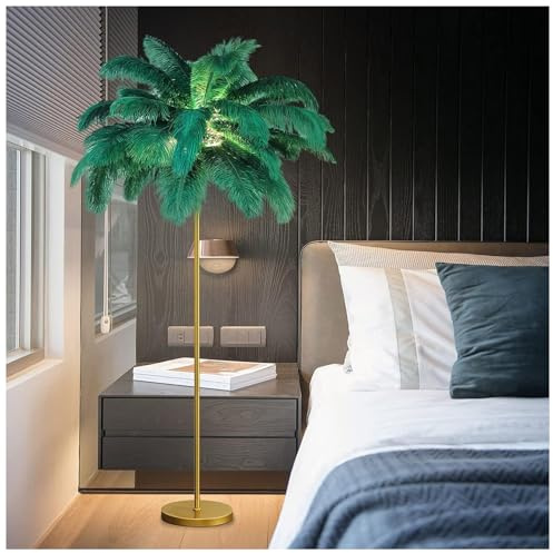 ANram Lampadaire en Plumes 160 cm Avec Ampoule LED G4, Interrupteur à Pied, Élégant Lampadaire en Plumes Naturelles d'Autruche pour Chambre à Coucher, Salon (Vert)