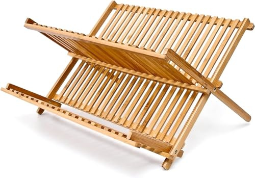 HOMION Dish Drainer Drying Rack Folding 2 Tier Drainer Dish Drying Rack Plates Holder Set Engineered Wood X-shape Easily Foldable Compact and Space Saving Tidy Plates