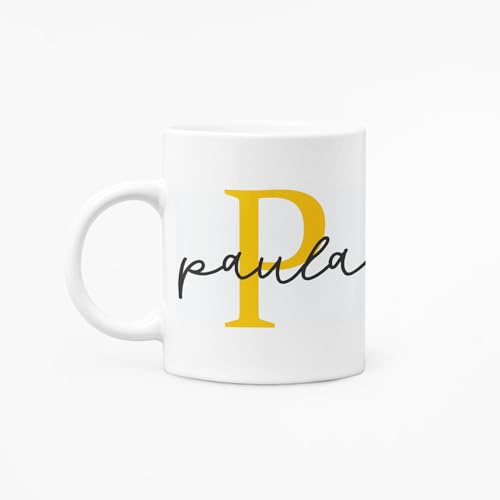 C&P Taza Personalizada en color blanco brillo con Inicial y Nombre de cerámica 350 ML (PAULA)