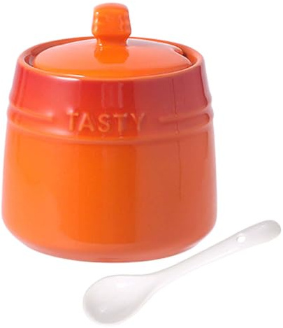 TYMYYS Ceramic Sugar Bowl with Lid, Sugar Bowls for Countertop Coffee Bar Accessories, Sugar Bowl with Spoon, Salt Cellar with Lid-orange-240ml/8.5oz
