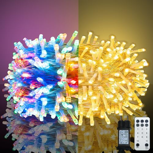Meision LED Lichterkette Außen Inner 20 Meter 200LED, 4 Farbwechsel Weihnachtsbaum Lichterkette mit 11 Modi, Fernbedienung, Timer, Memory-Funktion, Wasserdicht Lichterkette Strom für Balkon