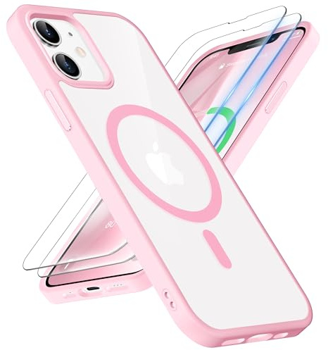 ORETECH Magnetica Trasparente Cover Compatibile con iPhone 12/12 Pro con [2 Pezzi Pellicola Protettiva in Vetro Temperato] Compatibile con MagSafe Antiurto Cellulare Custodia-Rosa Chiaro