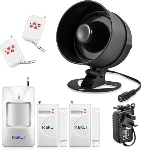 KERUI Shed Alarm, Loud House Alarm Systems 115dB, Standalone Home Security Systems with Door Window Alarm Sensor, Motion Sensor Remote Control, Wireless Weatherproof Siren Horn for Garage