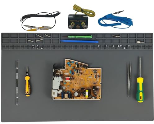 Esoldnic 23.7'' x 13.8'' Extra Large Soldering Mat with ESD Wrist Strap & Ground Cord, 932°F Heat Resistant Silicone Solder Mat, Large Repair Work Mat for Electronic, Cellphone, Laptop Repair (Grey)