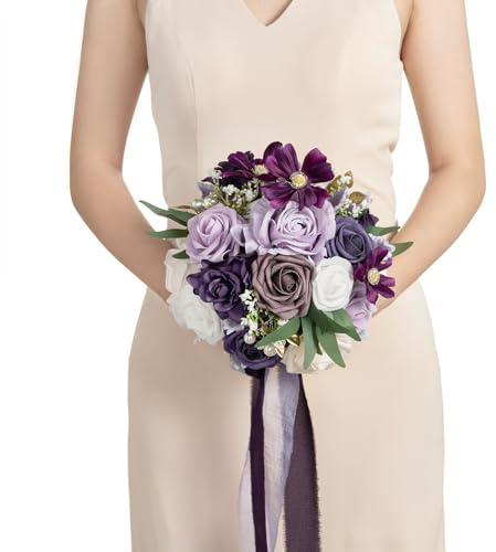 Ling's moment lila Brautstrauß für Braut, lila Hochzeitssträuße für Braut Trauzeugin Brautjungfer, 9 Zoll Seide runde künstliche Hochzeitsblumen Sträuße, kleine Brautjungfer Strauß