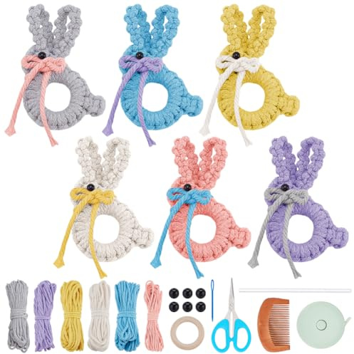 FREEBLOSS 6 Set DIY Makramee Osterhasen Set Oster Makramee Hängedekor Holzring Makramee Set Für Anfänger Mit Video Tutorial Boho Makramee Dekor Für Schlüsselanhänger Hängeornament
