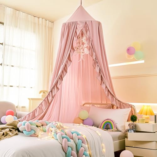 ZIQINPSQ Sängbaldakin för flickor med volanger, prinsessa, rund kupol för barn, drömmande myggnät, flickrum, dekor, slott, lektält, barn, läskorn baldakiner (beige rosa)