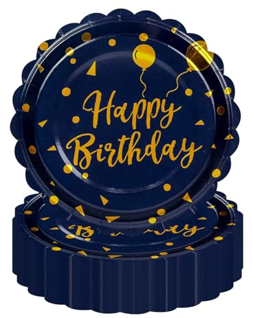 EVYIENEN 50 Stück Pappteller Geburtstag, 17,8 cm Einweg Blau und Gold Fächer Geburtstagskuchen Teller Dekorative Abendessen Dessert Servierplatten für Party Supplies