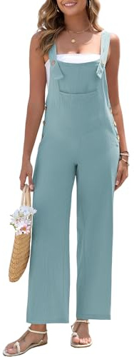 HOTIAN Salopette da donna in lino estiva elegante jumpsuit pantaloni in lino lunghi casual larghi overall con grandi tasche pantaloni con pettorina beige S, verde, M