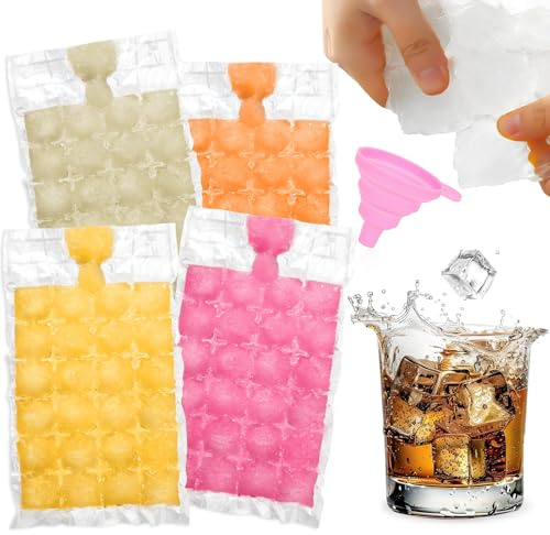 Ice Cube Bags 30-Pack (720 Cubes) with Silicone Funnel Self-Sealing Ice Cube Bags for Freezing, Disposable Ice Cube Bags, Food Grade PE Ice Cube Mould Trays for Whiskey, Drinks, Kitchen BBQ Parties