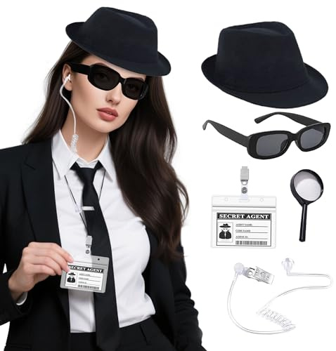 5-delad agentdräkt tillbehör set hemlig agent detektiv outfit glasögon slips ID pas för ungdomar vuxna jul halloween cosplay festtillbehör