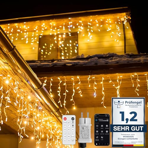 WOWDSGN LED Eisregen Lichterkette Außen mit App-Steuerung UND Fernbedienung, 10M 440LED Eiszapfen, IP44 wasserdicht, Timer, Unzählige Effekte, für Weihnachten, Garten, Balkon, Warmweiß