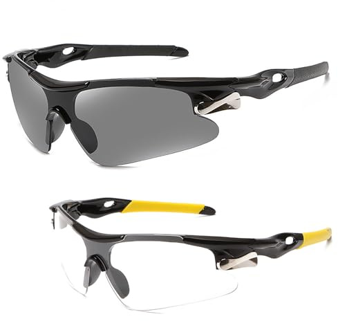 CYMYGS 2 Pcs Cycling Glasses Mens, Polarized Sports Sunglasses UV400 - Windproof Cycling Glasses for Men & Women, Fishing Bicycle Running Golf, Anti-Glare, Shatterproof