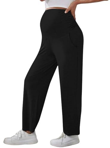 Pantalon de survêtement de maternité à jambes droites pour femme - Polaire ample sur le ventre - Pantalon de jogging extensible à jambes larges - Pantalon de grossesse ample avec poches - Jambe