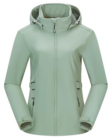 Outdoor Ventures Softshelljacka för kvinnor, kort fodrad funktionell jacka, vattentät övergångsjacka med avtagbar huva, regnjacka, utomhus, regnrock, softshellrock för vandring, löpning, sport