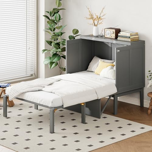 Ligterra Schrankbett, Wandbett mit Lattenrost, Wandklappbett, Vertikales Schrankbett mit Lattenrost, Jugendbett, 90x200 cm (Grau)