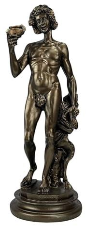Estatua de Baco y Fauno de Dioniso - Escultura de mármol fundido con efecto bronce inspirada en Miguel Ángel | Hecho a mano en Grecia | Decoración de mitología de 13.4 pulgadas