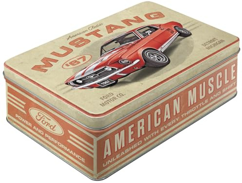 Nostalgic-Art Caja de almacenamiento plana retro, 2,5 l, Ford Mustang – GT 1967 Red – Idea de regalo para fans de Ford, Official License Product (OLP), lata metálica con tapa, diseño vintage
