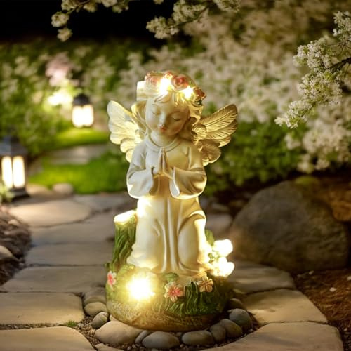Eiswayla Solar Angel Garden Ornaments Outdoor, IP65 Waterproof Praying Angel Statue with LED Lights, Decorative Memorial Grave Ornaments, Unique Gardening Gifts for Mum, Grandma, Women (24.5cm)
