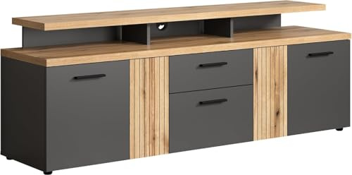 TV-Lowboard Esteban Anthrazit · B 180 x H 67 cm | B 180 x H 67 x T 47 cm · optional mit LED-Beleuchtung · 4 Türen, 1 Klappe, 1 Schublade, 4 offene Fächer