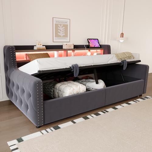 ECLIVON Schlafsofa Kinderbett 90x200 mit LED Streifen und USB Anschluss | Polsterbett Einzelbett mit Hydraulisch Stauraum, Stauraumbett Bett Bettgestell mit Lattenrost, Ohne Matratze, Samt,Dunkelgrau