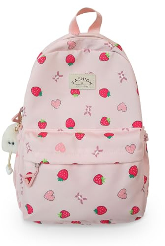 Qubitly Pink Strawberry School Bags for Girls with Large Capacity, Cute Backpack for Teens and Adults with Laptop Compartment, Lightweight Strawberry Backpack for School and Travel Use