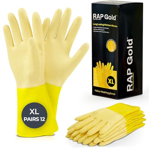 RAP Gold Gloves XL - 12 Pairs, Yellow Washing Up Gloves, Non-Slip Grip | Cotton flock lined natural rubber, embossed palm for damp handling, reusable, for dishes, bathrooms, garden and pets
