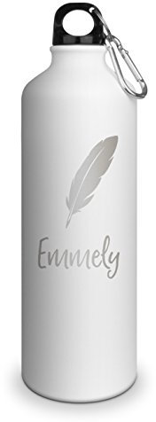 Trinkflasche mit Namen Emmely - graviert mit Feder Layout, Aluminiumflasche mit Gravur, Sportflasche - matt weiß