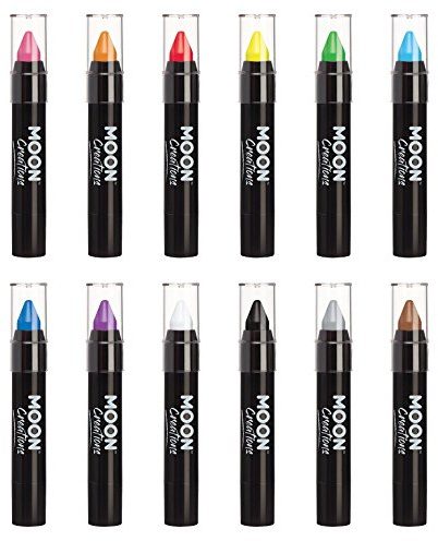 Moon Creations Face Paint Stick Body Crayons | Set of 12 | 3.2g | Sweat Proof & Water-Resistant Face Paint | Cruelty Free, Made in UK | For Kids, Adults, Fancy Dress, Festivals, Halloween
