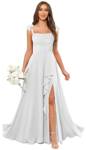 HUINI Brautkleider Spitzen Lang Hochzeitskleider Standesamt V-Ausschnitt Brautmode Prinzessin Chiffon Brautkleid Langarm Weiß 46
