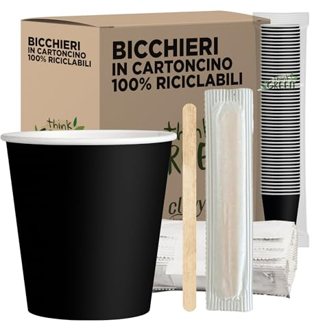 cubex professional 500 Bicchieri in Carta da 75 ML Neri + 500 Palette in Legno da 14 cm, per Caffè, Acqua, Bevande Calde e Fredde, 100% Riciclabili