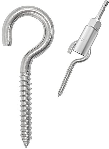 HXLPAY 304 Edelstahl Schraubhaken, Metallhaken, Heavy Duty Screw Eye Hooks, Holzklemme Ring Eye Haken, Hängemattenhalterungen, Ösenbolzen (6.0 14 pcs +1 pcs 1/4 hex shank wing nut driver)
