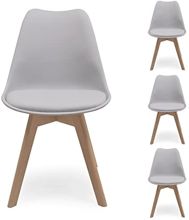 Homely® Pack 4 sillas de Comedor Nórdicas Day | Diseño NÓRDICO ESCANDINAVO | Sillas de Comedor, Cocina, Dormitorio o Estudio |Asiento Polipropileno | Patas Haya Reforzada | Color Gris Claro