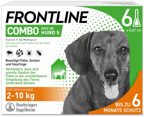 FRONTLINE Combo Hund S gegen Zecken, Flöhe & Haarlinge (2 bis 10 kg) | 6x Pipetten für bis zu 6 Monate Schutz - auch gegen Floheier, Larven & Puppen im Haushalt - wasserfest - für kleine Hunde