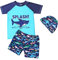 FedMois Kleinkinder Jungen Badeanzug 3-teiliges Schwimmkleidung Set Badeshirt Badeshorts Bademütze, Haie, Gr. 104/110 (Herstellergröße XL)