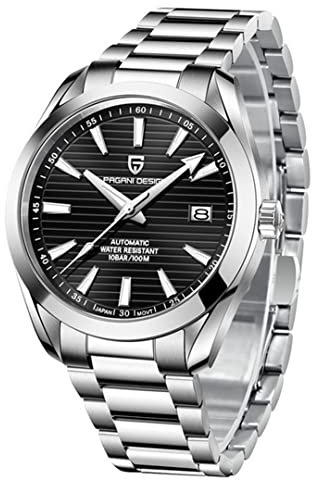 Pagani Design Herren Automatikuhr Japan Uhrwerk Saphirglas Edelstahlarmband 100 Meter wasserdicht Sportuhr… (Stahl Schwarz-1)