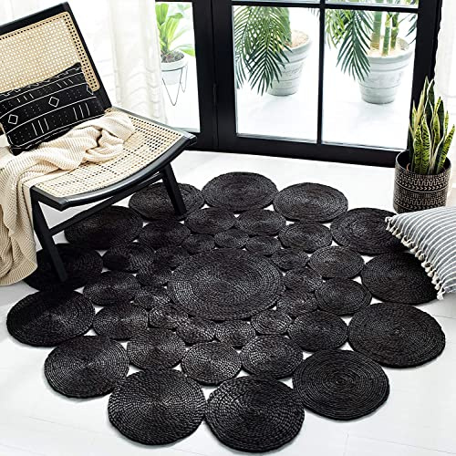 Vipanth Exports Juteteppich, natürlich, handgeflochten, Kreisdesign, runder Teppich für Wohnzimmer, Schwarz, 120 x 120 cm