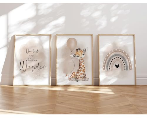 MeinBaby123® I Bilder Kinderzimmer | 3er Set DIN A4 Poster Set | Wandbilder | Kinderzimmer Poster | Deko Bilder Kinderzimmer Mädchen und Jungen | Wandposter Premium(Giraffe & Luftballon beige)