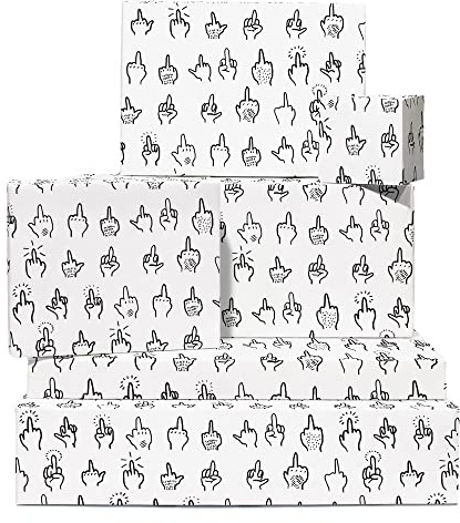 Central 23 - Carta da regalo divertente, 6 fogli di carta da regalo di compleanno, dito medio, in bianco e nero, per uomini e donne amiche, con adesivi divertenti