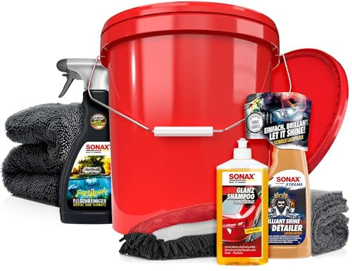 Autowäsche Set - SONAX: Autoshampoo, Felgenbeast Felgenreiniger, Brilliant Shine Detailer - Detailmate: Trockentuch, Waschhandschuh, Wascheimer mit Deckel - Autoreinigungsset Aussen