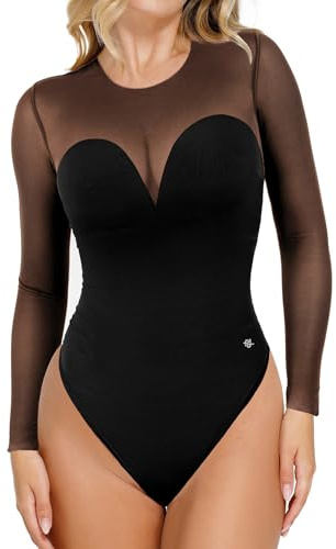 Popilush Long Sleeve Body Suits Womens Tummy Control Black Mesh Shapewear Corset Bodysuit Sheer Going Out Tops Fall Outfits