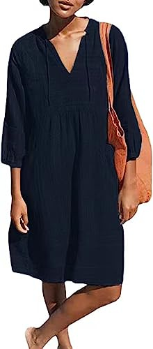 Lafural Womens V Neck Cotton Casual Loose Shift Tunic Smock Summer Dresses Vacation Dress 3/4 Sleeve Pocket Navy 2XL