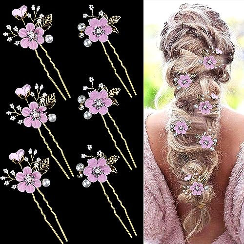 6 forcine per capelli da sposa con fiori e perle di cristallo, dorate, accessori per capelli con strass, per spose, damigelle d'onore, donne e ragazze (viola lilla romantico)