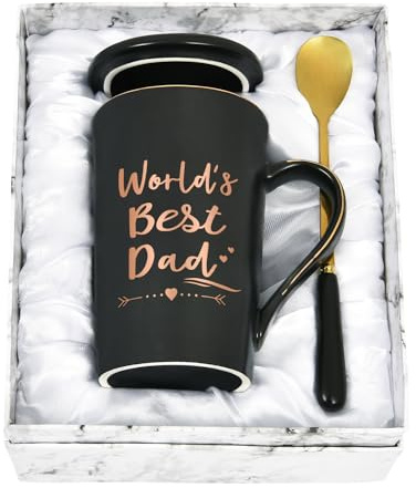 Joymaking 14 Oz Ceramic Coffee Cup with Lid and Spoon for Dad - World's Best Dad Novelty Gift for Father's Day Birthday Christmas